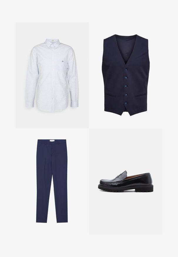 Chaleco formal azul marino con cinco botones y dos pequeños bolsillos delanteros, sin mangas con escote en forma de V.; Camisa de cuadros azul claro con botones y mangas largas, cuello y pequeño logo en el pecho. Hecha de algodón y con una textura suave.; Pantalones de vestir de color navy, confeccionados en una tela suave, con un corte plano en la parte delantera, dos bolsillos laterales, cremallera y dobladillo limpio sin patrones ni acentos.; Mocasines de penny de cuero negro con suela de goma gruesa y costura tipo moc, presentados de perfil sobre un fondo blanco.