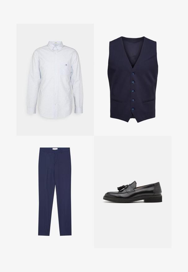 Marineblauw formeel vest met vijf knopen en twee kleine voorzakjes, mouwloos met een V-vormige halslijn.; Lichtblauw geruit overhemd met knopen, lange mouwen, kraag en klein logo op de borst. Gemaakt van katoen, met een gladde textuur.; Marineblauwe dresspants van gladde stof, met een flat front, twee zijzakken, een ritsgulp en een schone zoom zonder patronen of accenten.; Zwarte leren instappers met een kwastje, ronde neus en een getextureerde zool. Heeft een gladde afwerking en een minimalistisch ontwerp.