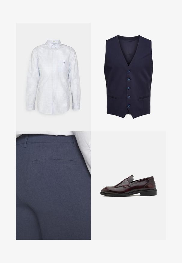 Marineblauw formeel vest met vijf knopen en twee kleine voorzakjes, mouwloos met een V-vormige halslijn.; Lichtblauw geruit overhemd met knopen, lange mouwen, kraag en klein logo op de borst. Gemaakt van katoen, met een gladde textuur.; Marineblauwe op maat gemaakte broek van een gestructureerde stof met een effen voorkant, subtiele achterzak en strakke lijnen. Geen zichtbare hardware of accenten.; Bordeauxleren instappers met een gladde afwerking, rechthoekige vooraccenten en een ronde neus, met een zwarte rubberen zool.