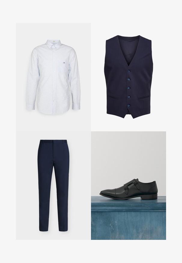 Marineblaue formelle Weste mit fünf Knöpfen und zwei kleinen Fronttaschen, ärmellos mit V-förmigem Ausschnitt.; Himmelblaues Gingham-Hemd mit langen Ärmeln, Kragen und kleinem Logo auf der Brust. Aus Baumwolle gefertigt, mit glatter Textur.; Marineblaue formelle Hose mit Gürtelschlaufen, verdecktem Frontreißverschluss und schlanken geraden Beinen auf hellem Hintergrund.; Schwarze Leder-Doppel-Monk-Strap-Oxfords, die über einem leicht gerissenen Boden schweben, mit unscharfen Pflanzen und einer gewellten Wand im Hintergrund.