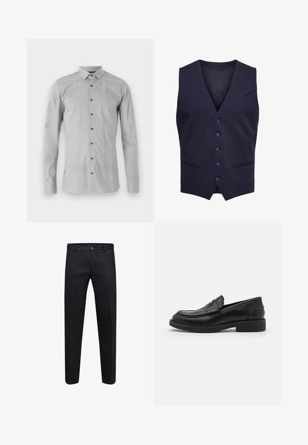 Marineblaue formelle Weste mit fünf Knöpfen und zwei kleinen Fronttaschen, ärmellos mit V-förmigem Ausschnitt.; Langarmshirt in Weiß und Schwarz mit geometrischem Muster, durchgehende Knopfleiste und klassischem Kragen. Leichter Stoff mit glatter Textur.; Schwarze formelle Hose mit Knopf- und Reißverschluss, geradem Schnitt und Gürtelschlaufen, auf weißem Hintergrund dargestellt.; Schwarze Lederloafer mit abgerundetem Zeh, farblich abgestimmtem Nähen und einem Riemendetail an der Vorderseite. Gummi-Sohle mit niedrigem Absatz.
