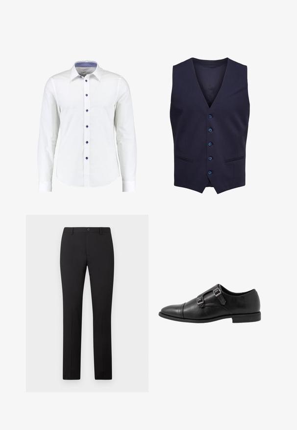 Navy blue formal waistcoat with five buttons and two small front pockets, sleeveless with a V-shaped neckline.; White long-sleeve shirt with a button-down collar, featuring blue accent buttons and a blue checkered pattern inside the collar.; Black tailored trousers with a straight leg design, featuring a button closure and belt loops. Made from smooth fabric with no visible patterns.; Black leather monk strap shoe with two silver buckles, toe cap design, round toe, and low-profile rubber sole. Smooth texture, sleek silhouette.