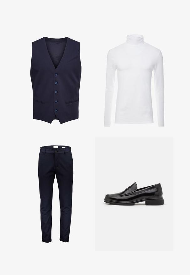Chaleco formal azul marino con cinco botones y dos pequeños bolsillos delanteros, sin mangas con escote en forma de V.; Camisa de cuello alto de manga larga blanca, hecha de un tejido suave y elástico. Presenta un diseño ajustado que proporciona una silueta estilizada.; Pantalones de algodón azul marino, ajuste slim, con cierre de botón y puños doblados. Textura suave sin patrones o acentos visibles.; Mocasines de cuero negro con punta redondeada, que presentan un detalle cosido a través del empeine y un tacón bajo y cuadrado. Textura suave y acabado brillante.