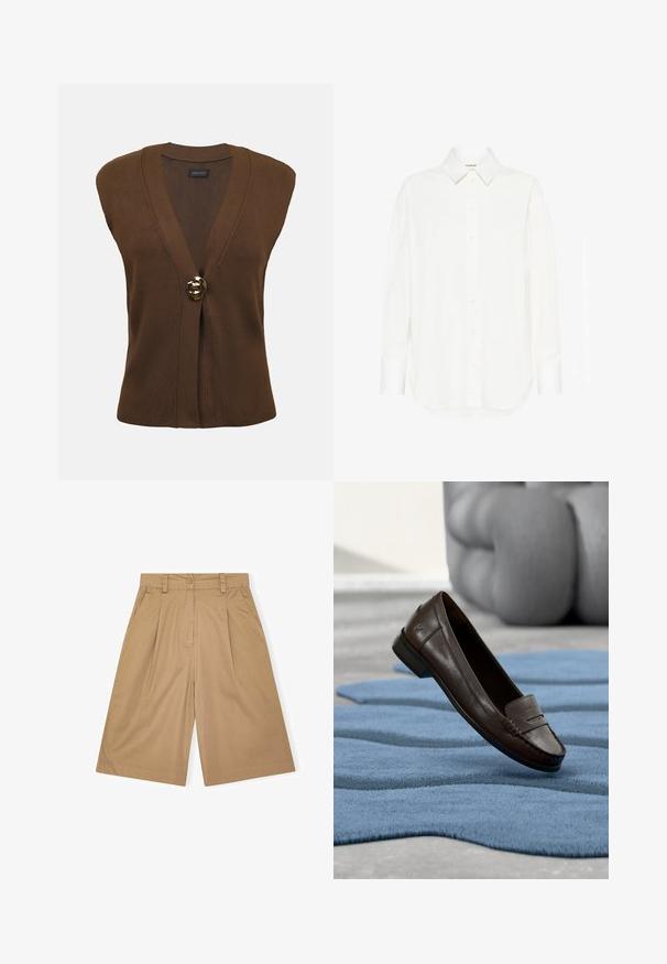 Chaleco marrón sin mangas de punto con escote en V profundo y un solo botón decorativo dorado en la parte delantera.; Camisa blanca de manga larga, confeccionada en una tela suave, con cuello clásico y dobladillo curvado. Detalles sutiles de botones en la parte delantera.; Pantalones cortos de algodón beige con un corte relajado, que presentan pliegues, cierre de botón y bolsillos laterales. Textura suave y diseño hasta la rodilla.; Zapato mocasín de cuero marrón oscuro sobre una alfombra azul con textura ondulada, con un sofá gris suave desenfocado en el fondo.