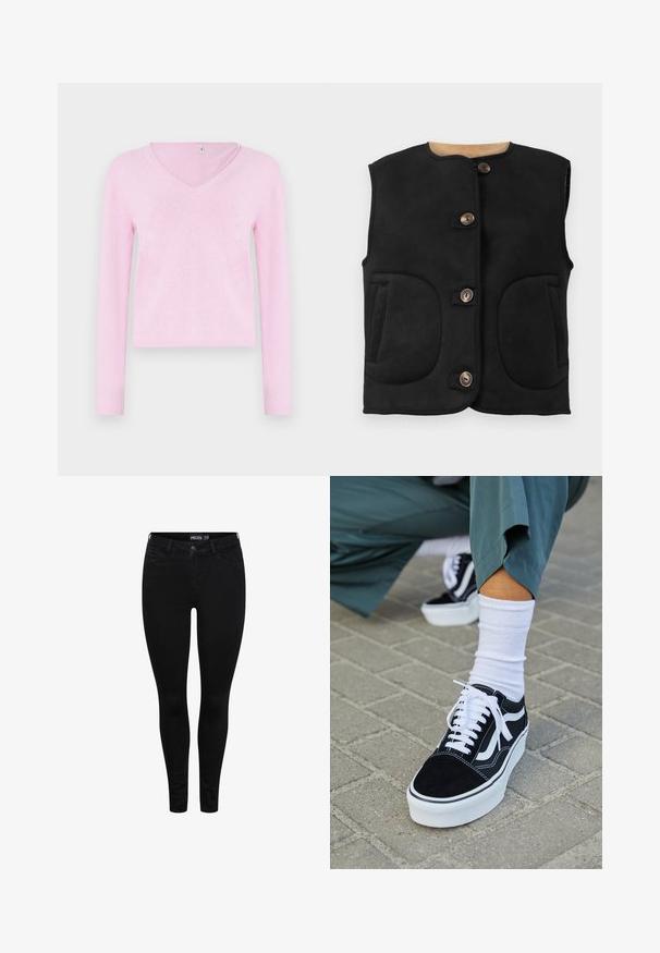 Gilet en daim noir avec un col rond, cinq boutons marron, deux grandes poches avant et une doublure intérieure douce.; Pull à manches longues en col V de couleur rose clair, doté d'une texture douce et d'une coupe courte. Aucun motif ou accessoire supplémentaire visible.; Pieces PCDELLY - Jeans Skinny - black denim; Baskets en suède noir avec des accents et des lacets blancs, présentant une épaisse semelle blanche et des coutures contrastantes, associées à une chaussette blanche.
