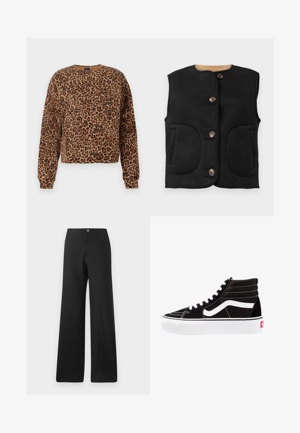 Sort suede vest med rund halsudskæring, fem brune knapper, to store forlommer og en blød indvendig foring.; Sweatshirt med leopardmønster i nuancer af brunt og sort. Fremstillet af blødt stof, har rund halsudskæring og lange ærmer med ribbede manchetter.; Sorte bukser med vid ben lavet af et blødt stof, med knaplukning foran, rene linjer og et minimalistisk design uden mønstre.; Sorte høj-top sneakers med hvide snørebånd, et hvidt logo og kontrasterende hvid syning. Har en tyk hvid sål og struktureret ruskindsoverdel.
