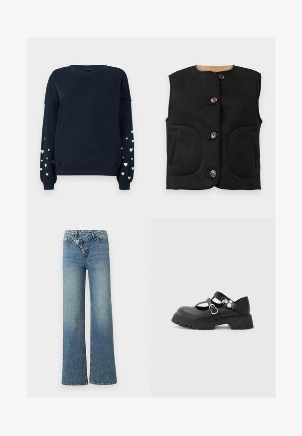 Chaleco de ante negro con escote redondeado, cinco botones marrones, dos grandes bolsillos frontales y un forro interior suave.; Sudadera de color navy con mangas largas, decorada con patrones de corazones plateados dispersos en las mangas, puños acanalados y cuello redondo.; Vaqueros de mezclilla azul claro de pierna ancha con cintura alta, decoloración ligera y cierre de botón en la parte delantera. Cuenta con cinco bolsillos y costuras mínimas.; Zapatos Mary Jane de cuero negro con puntera redonda, correas ajustables, suela de goma gruesa y acentos de perlas en el lateral.