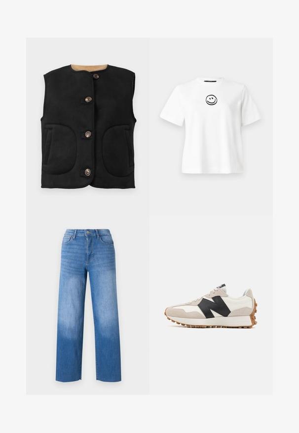 Chaleco de ante negro con escote redondeado, cinco botones marrones, dos grandes bolsillos frontales y un forro interior suave.; Camiseta de algodón blanca con mangas cortas, un escote redondo y una cara sonriente bordada en negro en el centro. Textura suave.; Jeans de denim azul claro con corte de pierna ancha, que cuentan con cinco bolsillos, cremallera y un ligero desgaste en los muslos. Bordes con acabado limpio.; Zapatilla blanca y beige con logo negro "N", suela de goma con tacos de tracción y diseño con cordones mostrada en perfil lateral.