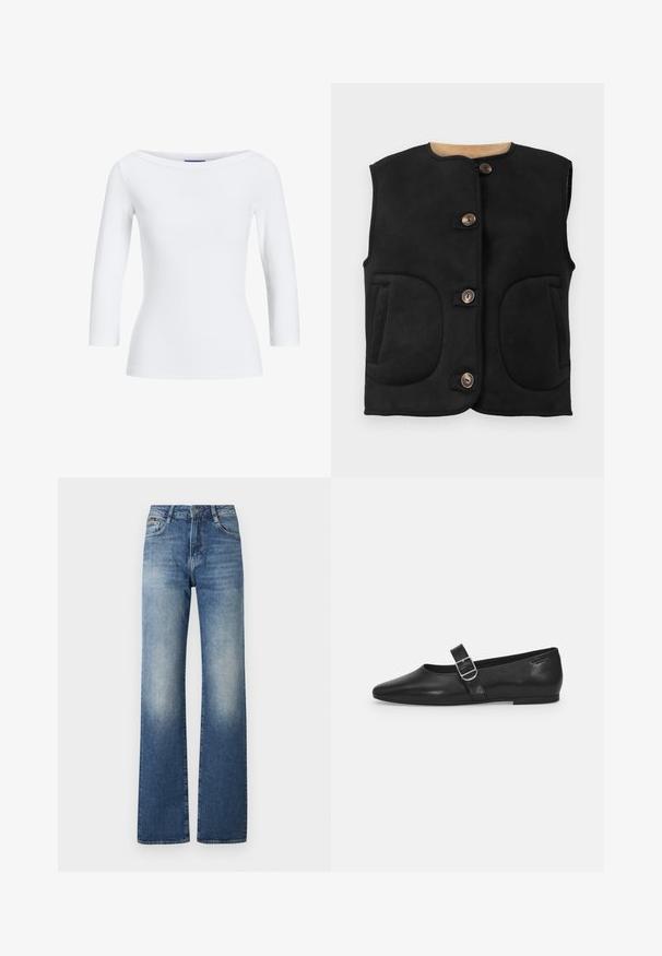 Sort suede vest med rund halsudskæring, fem brune knapper, to store forlommer og en blød indvendig foring.; Hvid, ribbet langærmet top med bådudskæring. Stoffet er glat, tætsiddende og har en ren afslutning ved manchetterne og kanten.; Højtaljede blå jeans med en falmet finish, brede ben, fem-lomme design og metalknaplukning i taljen.; Sorte læder flade sko med rund tå, et enkelt justerbart spænde og en glat, blank overflade. Minimalistisk design med en lav hæl.