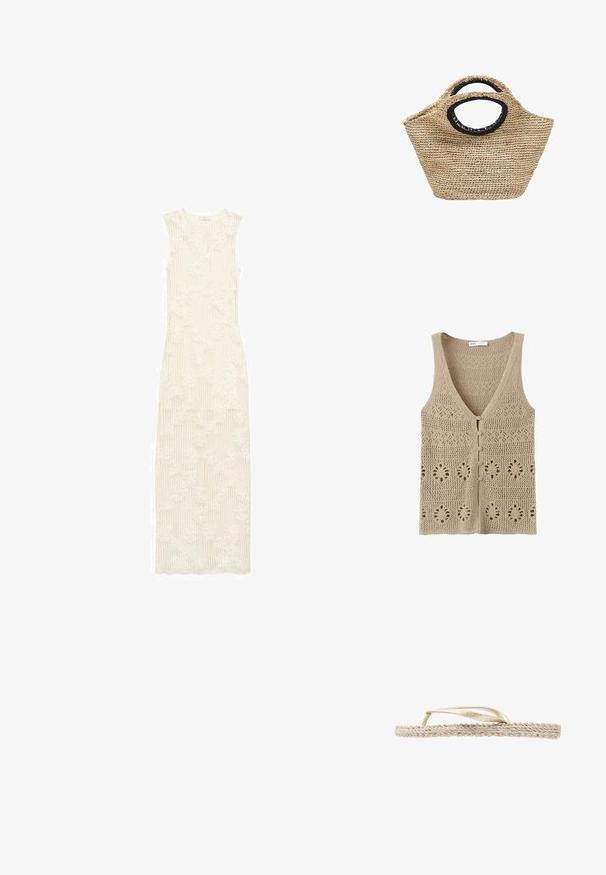 Beige gebreid mouwloos vest met V-hals, vijf knopen aan de voorkant en decoratieve opengewerkte patronen door de hele stof.; Lange, romige witte jurk met ribbeltextuur en bloemenkantpatroon. Mouwloos ontwerp, lange stijl, getailleerde pasvorm en ronde halslijn.; Platte beige flip-flopsandaal met gevlochten zool en dunne metalen gouden bandjes, zijaanzicht op een witte achtergrond.; Geweven strohandtas met afgeronde, zwart afgewerkte handvatten en een brede, licht trapeziumvormige vorm op een witte achtergrond.