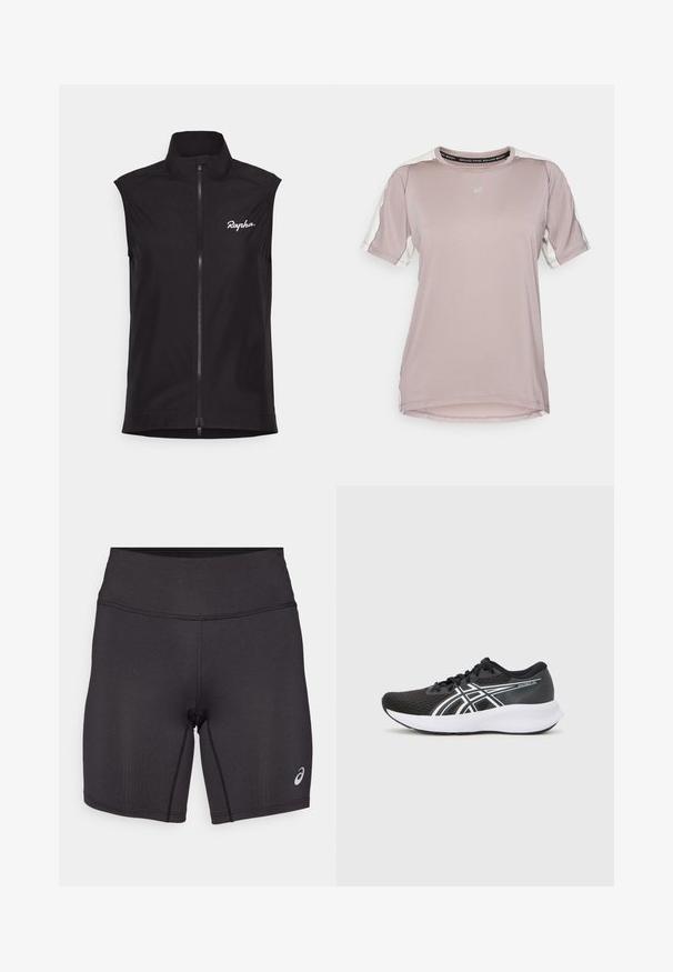 Sort ærmeløs cykelvest med høj krave, lynlås over hele længden og hvid "Rapha" logo. Lavet af letvægts, glat stof.; ASICS FUJITRAIL ELITE TOP - Sports T-shirts - rainstorm grey/cream; Sorte atletiske shorts med en glat tekstur, tætsiddende design og høj talje. Har kontrasterende syninger og et lille logo på underbenet.; Sorte atletiske sko med en tekstureret mesh-overdel, hvide accenter og en polstret hvid sål. Har et logo på siden og snørebånd.
