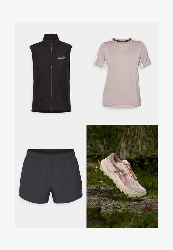 Čierny bezrukávový cyklistický vest s vysokým golierom, plný zips a bielym logom "Rapha". Vyrobený z ľahkého, hladkého materiálu.; ASICS FUJITRAIL ELITE TOP - Športové tričko - rainstorm grey/cream; Čierne športové šortky vyrobené z priedušného materiálu s elastickým pásom, ktoré majú jemnú perforovanú textúru a malý logový akcent.; Svetloružový a béžový bežecký trailový topánok so zelenou podrážkou vznášajúci sa nad skalnatým, machom pokrytým terénom v lesnom prostredí.