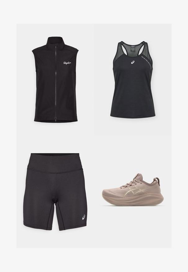 Sort ærmeløs cykelvest med høj krave, lynlås over hele længden og hvid "Rapha" logo. Lavet af letvægts, glat stof.; Sort Asics ærmeløs atletisk top med mesh skulderpaneler og hvidt logo på brystet samt teksten "SOUND MIND SOUND BODY" nær skulderen.; Sorte atletiske shorts med en glat tekstur, tætsiddende design og høj talje. Har kontrasterende syninger og et lille logo på underbenet.; Lyserød løbesko med et strømlinet design, tekstureret overdel og en puffet sål. Har et logo og et minimalistisk snøresystem.