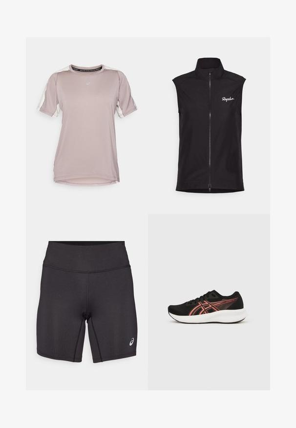 Sort ærmeløs cykelvest med høj krave, lynlås over hele længden og hvid "Rapha" logo. Lavet af letvægts, glat stof.; ASICS FUJITRAIL ELITE TOP - Sports T-shirts - rainstorm grey/cream; Sorte atletiske shorts med en glat tekstur, tætsiddende design og høj talje. Har kontrasterende syninger og et lille logo på underbenet.; Letvægts sort træningssko med mesh-overdel, kontrasterende røde accenter, rundet tå og en hvid polstret sål. Modelnavn: Patriot 14.