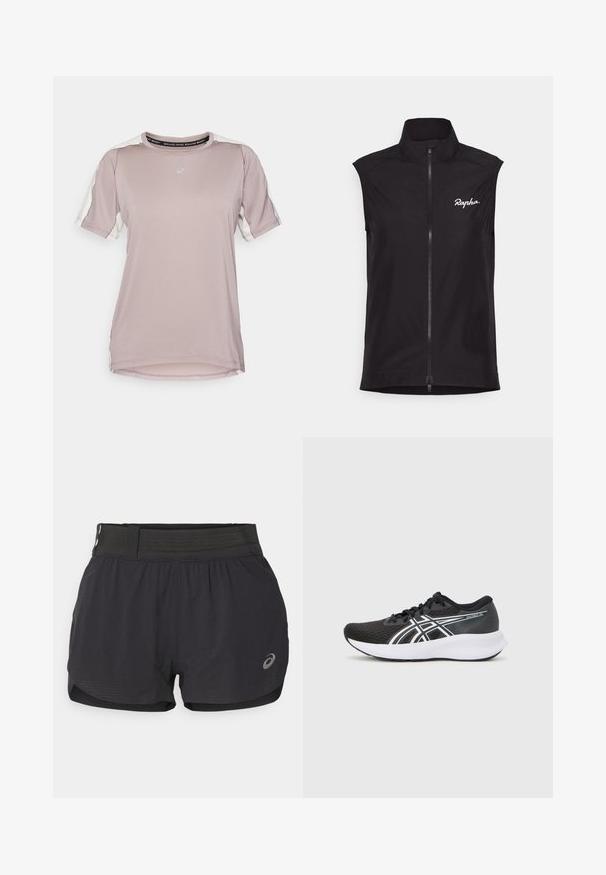 Schwarze ärmellose Radweste mit hohem Kragen, durchgehendem Reißverschluss und weißem "Rapha"-Logo. Hergestellt aus leichtem, glattem Stoff.; ASICS FUJITRAIL ELITE TOP - Sport T-Shirt - rainstorm grey/cream; Schwarze Laufshorts mit einem Mesh-Bund, die eine glatte Textur, eine kurze Länge und ein kleines Logo auf der unteren rechten Seite aufweisen.; Schwarze Sportschuhe mit einem strukturierten Mesh-Obermaterial, weißen Akzenten und einer gepolsterten weißen Sohle. Verfügt über ein Logo an der Seite und Schnürsenkel.