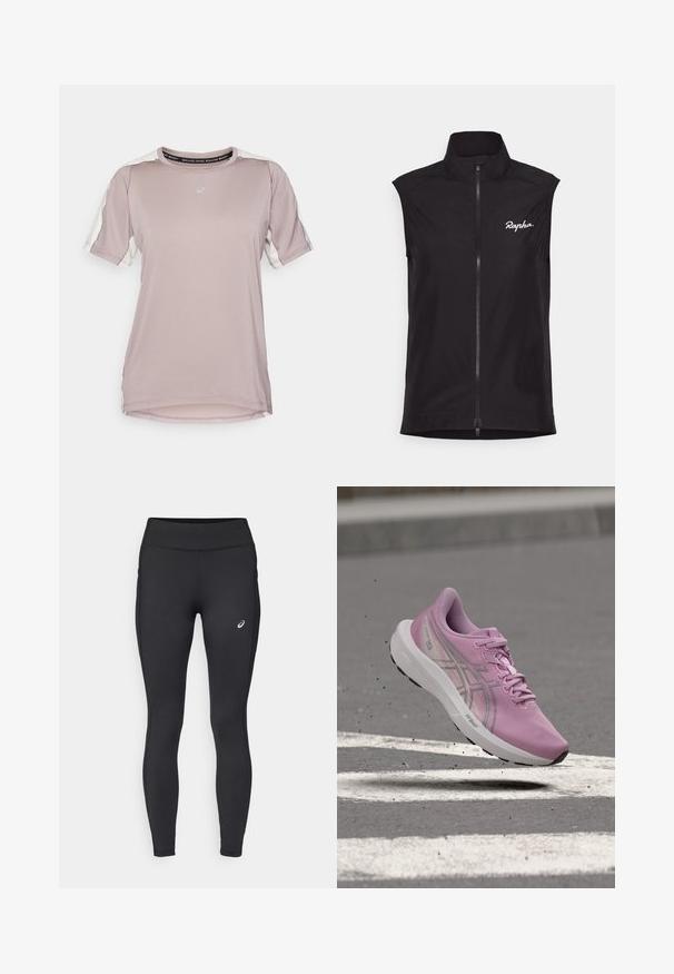 Sort ærmeløs cykelvest med høj krave, lynlås over hele længden og hvid "Rapha" logo. Lavet af letvægts, glat stof.; ASICS FUJITRAIL ELITE TOP - Sports T-shirts - rainstorm grey/cream; ASICS CORE WINTER - Vinter-tights - performance black; Pink atletik løbesko med hvid sål i luften over asfalt med hvide vejmarkeringer.