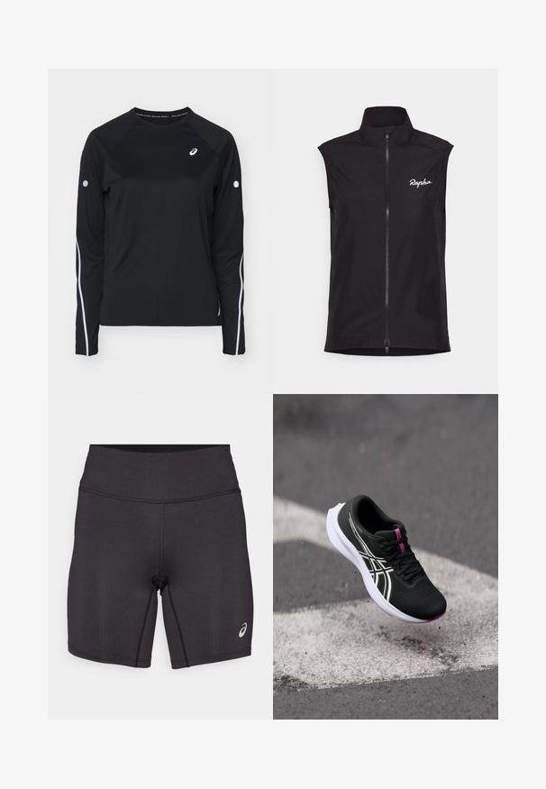 Gilet de cyclisme sans manches noir avec col haut, fermeture éclair pleine longueur et logo "Rapha" blanc. Fabriqué en tissu léger et lisse.; T-shirt de sport noir à manches longues avec des manches raglan, bandes réfléchissantes blanches sur les côtés et col rond. Présente un petit logo sur la poitrine.; Shorts de sport noirs avec une texture lisse, un design ajusté et une taille haute. Ils présentent des coutures contrastantes et un petit logo sur la jambe inférieure.; Baskets de sport noires avec un dessus texturé, semelle blanche, accents roses et rayures blanches contrastantes. Flottant au-dessus d'une surface grise.