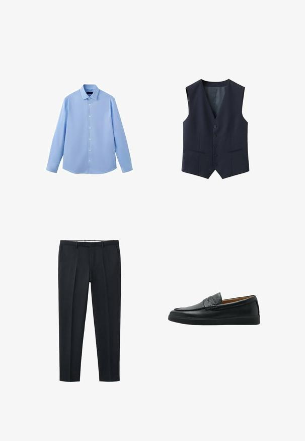 Gilet formel homme bleu marine foncé avec cinq boutons sur le devant et deux poches décoratives horizontales.; Chemise à manches longues bleu clair avec col classique, sept boutons blancs sur le devant, sans motifs ni logos visibles.; Pantalon formel noir sur mesure avec passants pour ceinture, fermeture à bouton et zip à l'avant, et poches latérales, présenté sur fond blanc.; Mocassin en cuir noir sans lacets avec une surface texturée, une semelle plate basse et une lanière décorative sur le dessus.