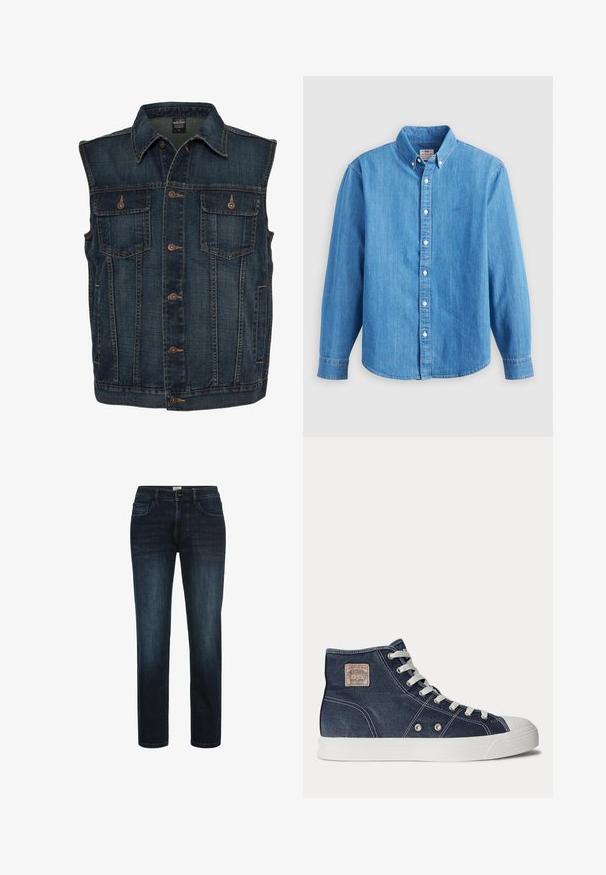 Dunkelblaue ärmellose Jeansweste mit braunen Knöpfen vorne und zwei geknöpften Brusttaschen.; Hellblaues Jeanshemd mit langen Ärmeln, button-down Kragen und weißen Knöpfen. Verfügt über ein kleines besticktes Logo auf der Brust.; Dunkelblaue Denim-Jeans mit geradem Bein, ausgestattet mit fünf Taschen, einem Knopfverschluss und dezentem Verblassen an den Oberschenkeln.; Marineblaue High-Top-Sneaker mit weißen Schnürsenkeln, weißer Gummisohle, Metallösen und einem kleinen beigen Markenpatch im Knöchelbereich.