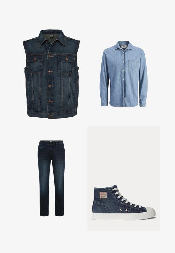 Mørkeblå ærmeløs denimvest med brune knapper foran og to brystlommer med knapper.; Lysblå denimskjorte med knap-ned krave, lange ærmer, enkelt brystlomme og broderet logo på lommen.; Mørk vaskede denimjeans med lige ben, der har fem lommer, knaplukning og subtil fading langs lårene.; Marineblå højtop-sneaker med hvide snørebånd, hvid gummisål, metaløjer og et lille beige mærke på ankelen.