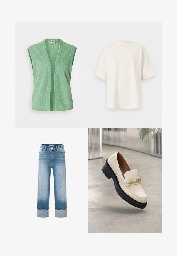 Grüner ärmelloser Pullover aus geripptem Strickmaterial, mit einem offenen Frontdesign und ohne Verschlüsse. Glatte Textur, lässiger Stil.; Schlichtes, oversized T-Shirt in crèmeweiß mit kurzen Ärmeln und Rundhalsausschnitt, auf hellgrauem Hintergrund dargestellt.; Helle blaue Jeans aus Denim mit hoher Taille, weitem Bein und umgeschlagenen Säumen. Besitzt ein klassisches Fünf-Taschen-Design und Details aus Kupfer.; Cremfarbener Loafer mit schwarzer Sohle und goldener Schnallendetail, schräg nach oben auf einem hellgrauen Betonboden platziert.