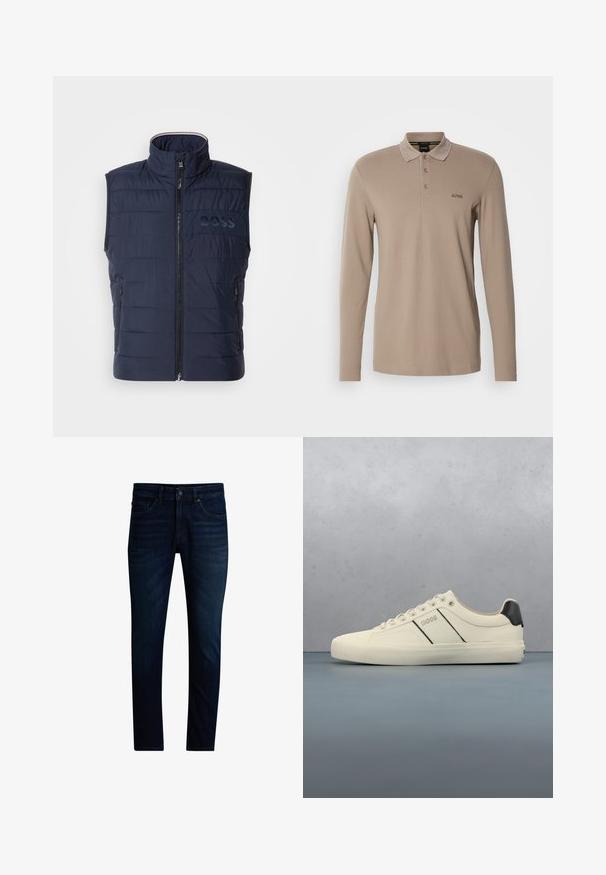 Gilet matelassé bleu marine avec col haut, fermeture éclair à l'avant, design matelassé horizontal et logo BOSS discret sur la poitrine. Deux poches latérales.; Polo à manches longues en beige clair, fabriqué en coton doux. Doté d'un col classique, d'une patte de boutonnage à trois boutons et d'un logo brodé.; Jean slim bleu foncé avec fermeture avant par boutons et zip, style cinq poches et légère décoloration sur les cuisses.; Baskets de couleur crème avec une texture lisse, dotées d'accents et de marquage noirs. Design classique à lacets avec un bout rond et une semelle en caoutchouc.