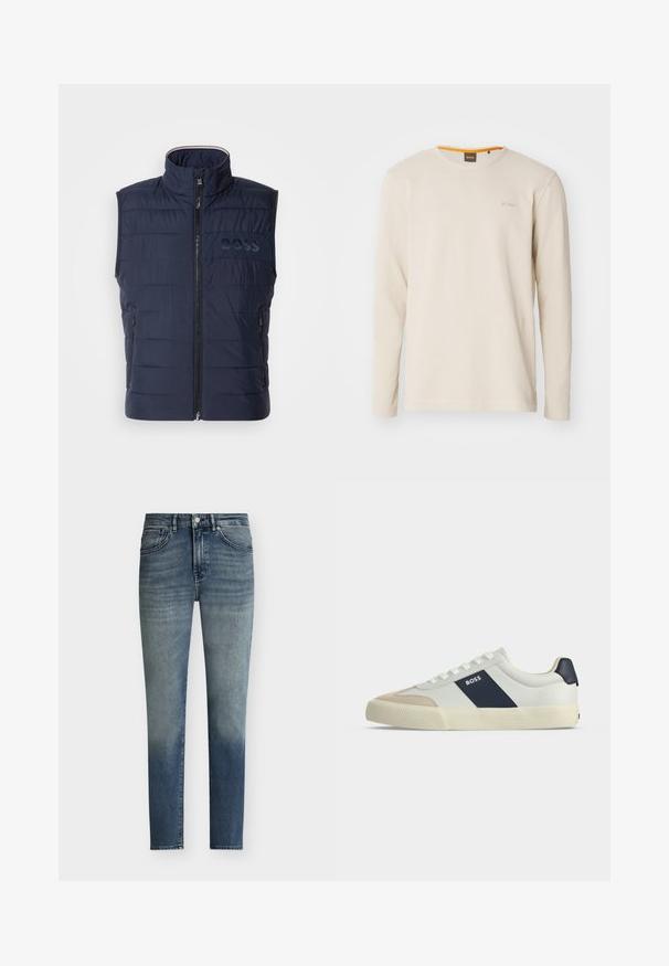 Marineblå puffer vest med høj krave, frontlynlås, vandret quiltet design og subtilt BOSS-logo på brystet. To sidelommer.; Lys beige langærmet t-shirt lavet af struktureret stof. Har en rund hals og et lille logo på brystet med en orange detalje indeni kraven.; Herre slim-fit blå jeans med diskret falmet detalje, knaplukning og design med fem lommer.; Hvid lav sneakers med beige tå, navy blå sidestribe med mærket BOSS, hvide snørebånd og gummisål på neutral baggrund.