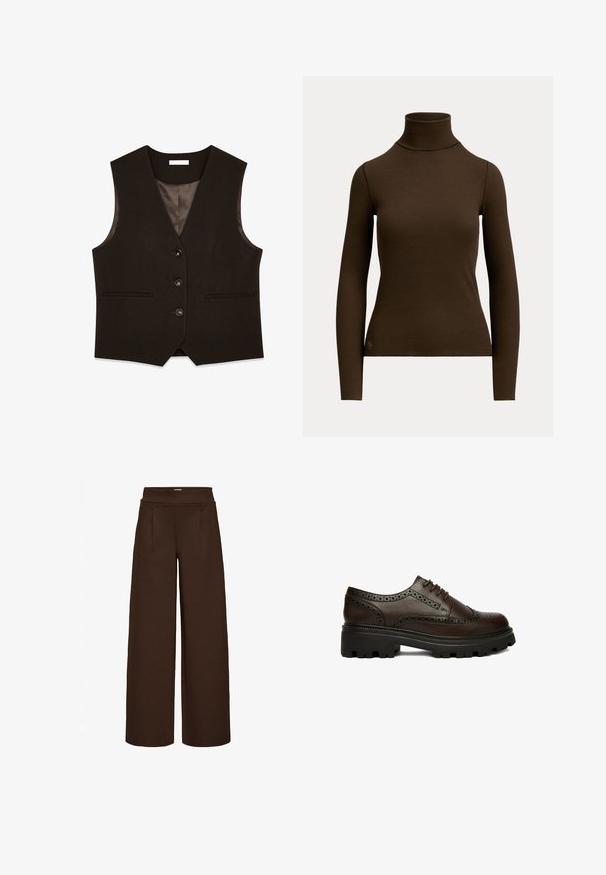 Braun taillierte Weste mit V-Ausschnitt, sechs Knöpfen vorne, zwei Taschen und satinierter Fütterung. Sie bietet eine strukturierte Passform und eine glatte Textur.; Dunkelbrauner langärmliger gerippter Rollkragenpullover mit figurbetonter Silhouette und kleinem Logo nahe dem unteren Saum vorne links.; Braune weit geschnittene Hose aus glattem Stoff mit hohem Bund und zwei Vorderfalten, entworfen für einen lockeren Sitz.; Dunkelbrauner Leder-Brogue mit perforierten Details und dicker schwarzer Profilsohle, seitlich auf weißem Hintergrund.