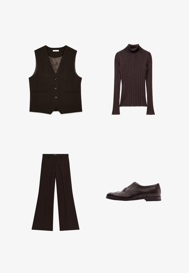 Brun skræddersyet vest med V-udskæring, seks knapper foran, to lommer og satinforing. Har en struktureret pasform og glat tekstur.; Mørkebrun ribbet turtleneck sweater med en tæt siddende krave og lange ærmer, der har en struktureret tekstil og lige kant.; Sorte højtaljede bukser med brede ben, bæltestropper og sidelommer, lagt fladt på en hvid baggrund.; Brune læder dress sko med brogue-detaljer, snørebånds lukning, rund tå og en lav stablet hæl. Poleret finish og indviklede perforeringer.