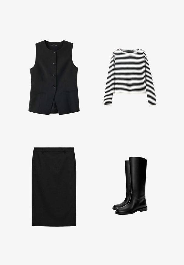 Gilet noir sans manches avec encolure ronde, quatre boutons devant et deux poches fendues horizontales.; Chemise à manches longues avec des rayures horizontales noires et blanches et un col rond sur un fond blanc uni.; Jupe crayon noire mi-longue avec passants de ceinture et poches latérales, coupe ajustée et ourlet droit.; Bottes en cuir noires montant jusqu'au genou avec une texture lisse, bout rond, semelle plate et design minimaliste, comprenant des coutures cousues et aucun matériel visible.
