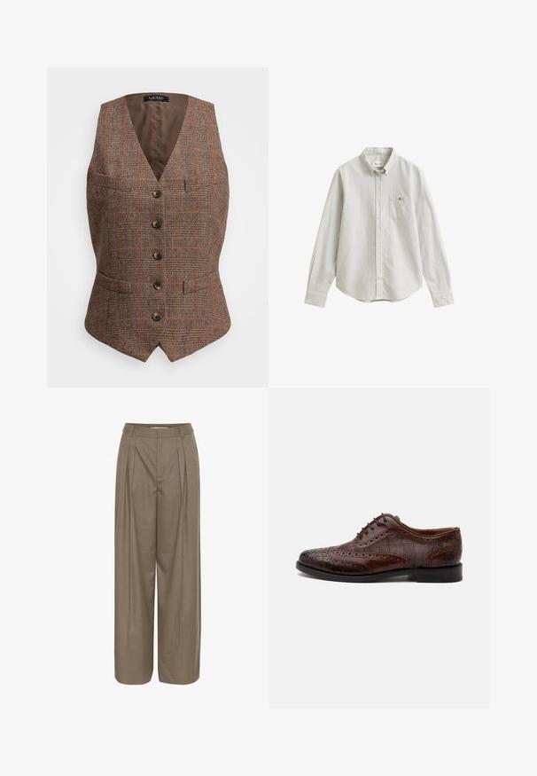 Brun houndstooth vest med V-hals, fem knapper og to frontlommer. Accentueret med orange linjer, foret med ensfarvet brun stof.; Langærmet, lysegrå skjorte med knapper, tynde lodrette striber og en brystlomme med en lille broderet logo.; Plisserede bukser med bred ben i en lys brun stof, med en struktureret talje og en glat tekstur, designet til komfort og alsidighed.; Brun læder herre wingtip selskabssko med brogue-detaljer og ternede stofsider, vist fra siden på en hvid baggrund.