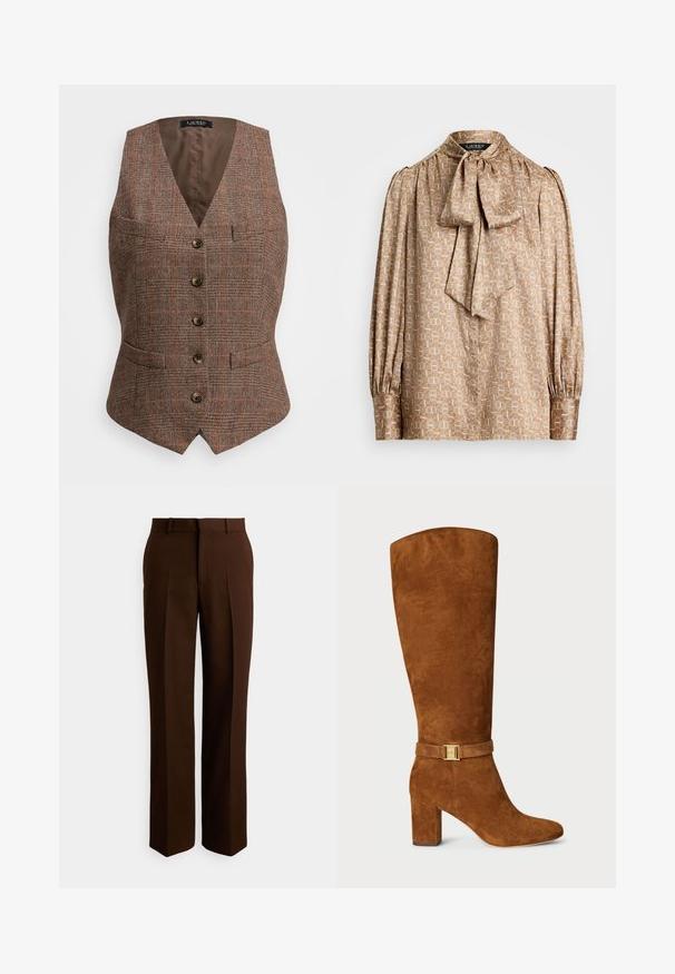 Brun houndstooth vest med V-hals, fem knapper og to frontlommer. Accentueret med orange linjer, foret med ensfarvet brun stof.; Bluse i lyse beige stof med geometrisk mønster i creme og guld. Har en sløjfekrave og samlede lange ærmer.; Brune skræddersyede bukser med et lige ben design, lavet af glat stof, med folder og en standard talje med bæltestropper.; Brune ruskind knæhøje støvler med firkantet tå, kraftig hæl og en guldfarvet spænde detalje på en matchende ruskind rem omkring anklen.