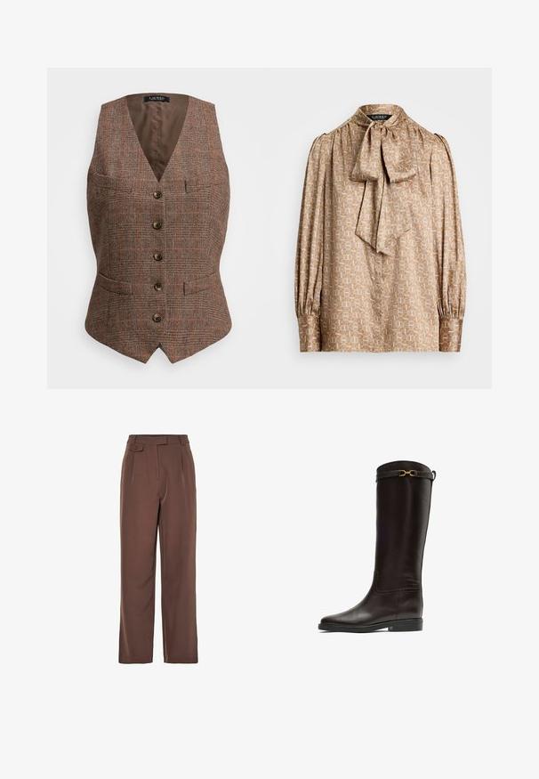 Brun houndstooth vest med V-hals, fem knapper og to frontlommer. Accentueret med orange linjer, foret med ensfarvet brun stof.; Bluse i lyse beige stof med geometrisk mønster i creme og guld. Har en sløjfekrave og samlede lange ærmer.; Brune vævede bredbenede bukser med høj talje, frontfolder og knapdetalje. Glat tekstur med en skræddersyet design.; Høj, mørkebrun læder ridestøvle med lav hæl og en gylden dekorativ spænde nær den øverste kant.