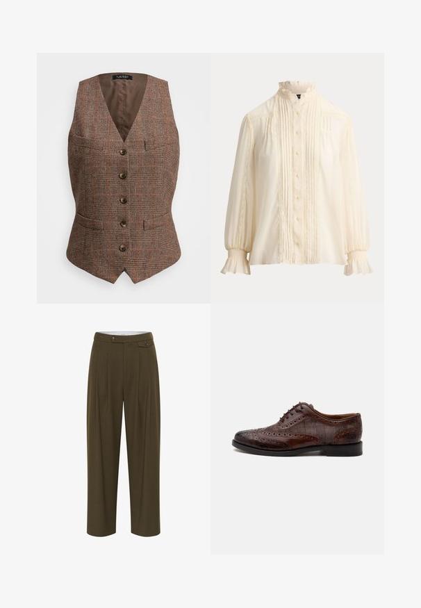 Brun houndstooth vest med V-hals, fem knapper og to frontlommer. Accentueret med orange linjer, foret med ensfarvet brun stof.; Langærmet bluse i cremefarve med flæsekant ved krave og manchetter, knaplukning foran, lodrette folder og blondekantdetaljer.; Oliven grøn, høj talje bukser med plisseringer, lige ben design, to forlommer og knaplukninger til fastgørelse.; Brun læder herre wingtip selskabssko med brogue-detaljer og ternede stofsider, vist fra siden på en hvid baggrund.