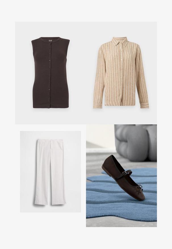 Haut sans manches côtelé de couleur marron foncé avec des boutons, encolure arrondie, silhouette ajustée et boutons sur toute la partie avant centrale.; Chemise beige à manches longues avec des rayures blanches verticales et un col pointu.; Pantalon blanc à jambes droites avec fermeture éclair et bouton à l'avant, présenté à plat sur fond blanc.; Chaussure plate Mary Jane marron foncé avec boucle et détail nœud reposant sur un tapis texturé bleu ondulé, et un canapé gris rembourré en arrière-plan.
