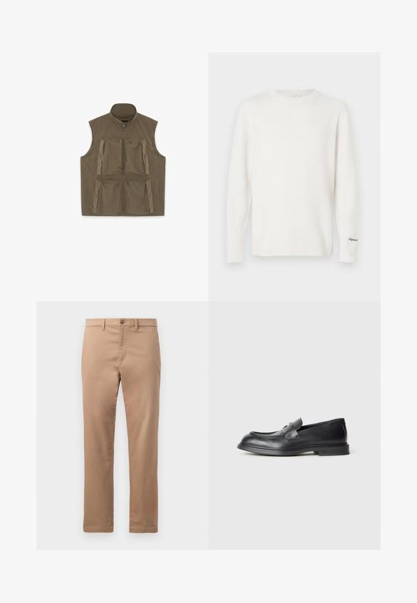Gilet utilitaire sans manches de couleur vert olive avec une fermeture éclair à l'avant et quatre grandes poches à glissière et à bouton-pression sur la poitrine et la taille.; Pull en tricot blanc à manches longues, col rond, poignets et ourlet côtelés, avec un petit logo brodé sur la manche gauche.; Chinos beige en coton avec une texture lisse, dotés d'une fermeture éclair et d'un bouton. Design à jambe droite, sans motifs ni accents visibles.; Mocassins en cuir noir avec une finition texturée, dotés d'une bride décorative à l'avant et d'un bout arrondi. Semelle en caoutchouc pour plus de durabilité.