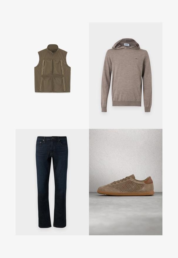 Ärmellose, olivgrüne Utility-Weste mit einem Frontreißverschluss und vier großen, mit Reißverschluss und Druckknopf verschließbaren Taschen an Brust und Taille.; Hellbrauner Kapuzenpullover mit langen Ärmeln, kleinem gesticktem Logo auf der linken Brust sowie gerippten Bündchen und Saum.; Dunkelblaue Denim-Jeans mit geradem Bein, ausgestattet mit einem klassischen Fünf-Taschen-Design und subtilen Steppdetails.; Beiger Wildleder-Sneaker in Low-Top-Design mit dreieckigen Perforationen, Schnürverschluss, brauner Sohle und "GUESS"-Logo an der Seite und am Fersenlasche.