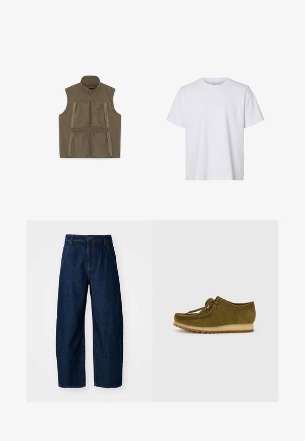 Mouwloos olijfgroen utility-vest met een ritssluiting aan de voorkant en vier grote zakken op de borst en taille, voorzien van zowel ritsen als drukknopen.; Effen wit T-shirt met korte mouwen en ronde hals, met een regular fit en een gladde stoftextuur, weergegeven op een witte achtergrond.; Wijdvallende donkere spijkerbroek met een hoge taille, voorzien van vijf zakken, een sluiting met een knoop aan de voorkant en zichtbare stikseldetails.; Olijfgroene suède schoen met een ronde neus, vetersluiting en een lage, gestructureerde rubberen zool. Minimale stiknaad details langs de rand.