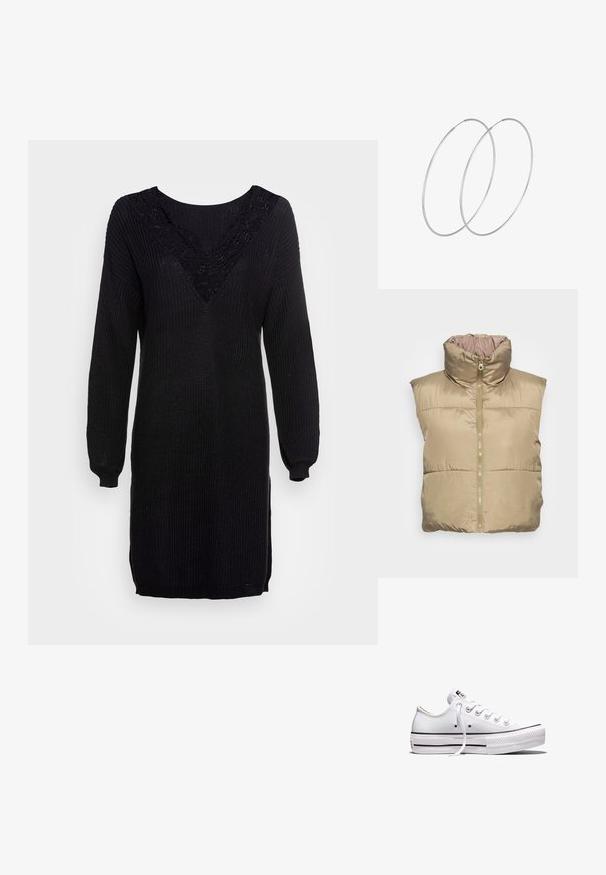Beige polstret vest med høj krave, lynlås lukning, sidelommer og glat tekstur. Ærmeløs design, let materiale.; Sort striktrøje kjole med lange ærmer, V-hals og blonderdetaljer ved udskæringen. Ribbet tekstur med sideslids ved kanten.; Lavtop hvid lærredsneaker med hvide snørebånd, gummisål, sorte stribedetaljer og logo-patch på tungen og hælen.; Sølvøreringe med et minimalistisk design. Cirkulær form, glat tekstur og tynd profil. Letvægtige med en poleret overflade.