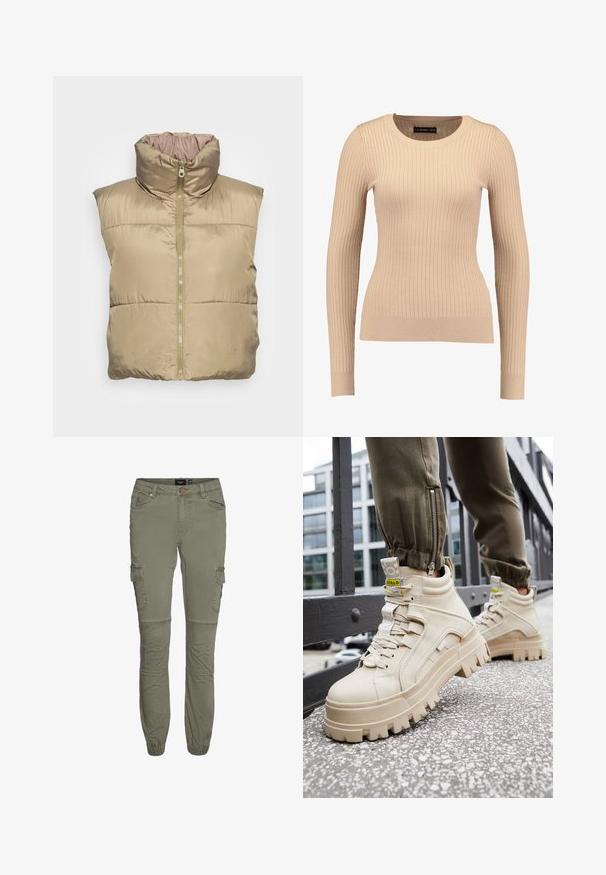 Beige polstret vest med høj krave, lynlås lukning, sidelommer og glat tekstur. Ærmeløs design, let materiale.; Ribbet langærmet sweater i lys beige, lavet af strækbart stof. Har en rund halsudskæring og tætsiddende silhuet med ribbede manchetter.; Olivengrønne cargo bukser i en slidstærk bomuldsblanding med tætsiddende manchetter, flere lommer og knæfold for øget bevægelighed.; Beige high-top sneakers med en chunky, tekstureret sål, snørebåndsdesign og gule accentmærker. Tekstureret læderoverdel med kontrasterende syninger.