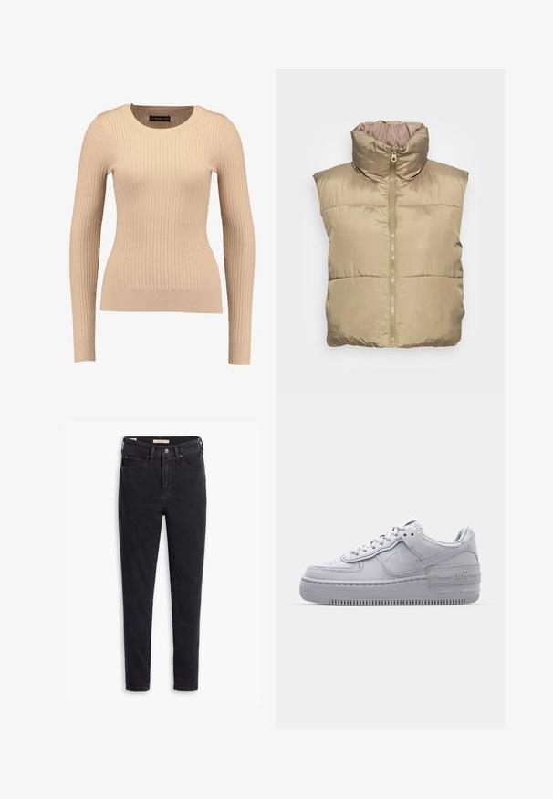 Beige polstret vest med høj krave, lynlås lukning, sidelommer og glat tekstur. Ærmeløs design, let materiale.; Ribbet langærmet sweater i lys beige, lavet af strækbart stof. Har en rund halsudskæring og tætsiddende silhuet med ribbede manchetter.; Sorte denimjeans med høj talje, slank pasform og minimale syninger. Stofmet viser en let tekstur med en glat finish.; Grå Nike Air Force 1 sneakers med perforeret tå, glat læderoverdel, tyk sål og præget 'AIR' detalje på hælen.