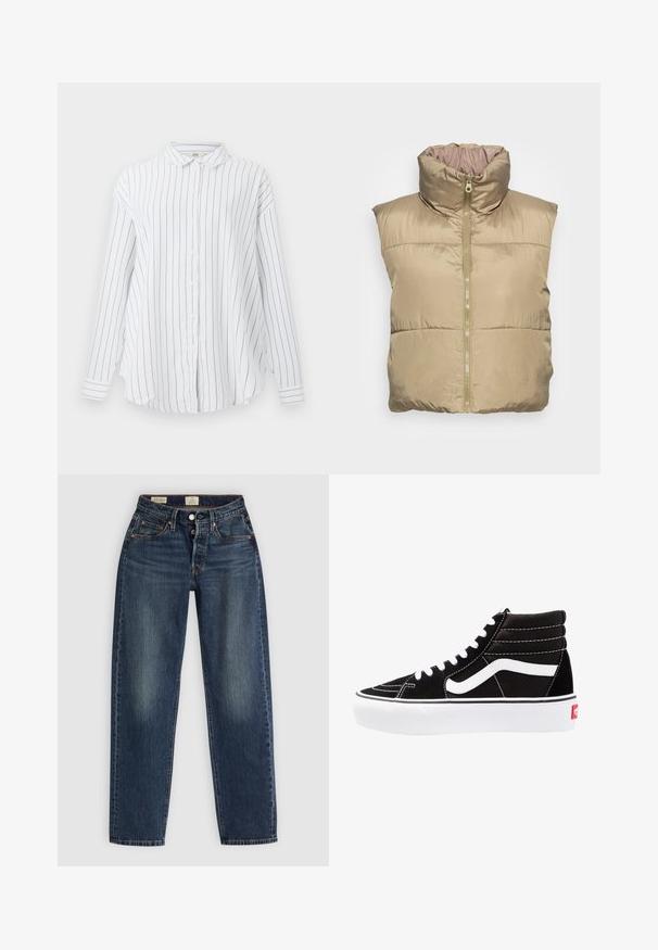 Beige polstret vest med høj krave, lynlås lukning, sidelommer og glat tekstur. Ærmeløs design, let materiale.; Hvid langærmet button-up skjorte med sorte lodrette striber og klassisk krave, præsenteret mod en ensfarvet baggrund.; Blå denim jeans med lige ben design, slidte områder, forlommer og en knappelås i taljen. Ingen synlige mønstre eller accenter.; Sorte høj-top sneakers med hvide snørebånd, et hvidt logo og kontrasterende hvid syning. Har en tyk hvid sål og struktureret ruskindsoverdel.