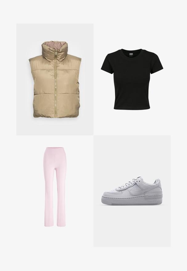 Beige polstret vest med høj krave, lynlås lukning, sidelommer og glat tekstur. Ærmeløs design, let materiale.; Sort kortærmet t-shirt lavet af glat bomuldsstof, med rund halsudskæring og en tætsiddende pasform. Ingen synlige mønstre eller accenter.; Lyserøde yoga bukser med høj talje med tætsiddende pasform over lårene og let udvidede ben, vist på en hvid baggrund.; Grå Nike Air Force 1 sneakers med perforeret tå, glat læderoverdel, tyk sål og præget 'AIR' detalje på hælen.