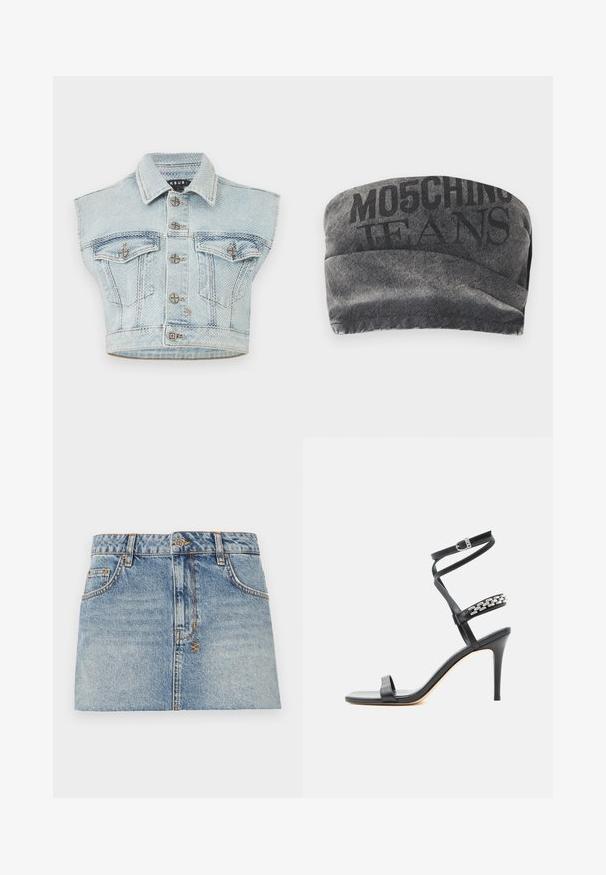 Veste courte en jean bleu clair sans manches avec clous argentés, fermeture à boutons à l'avant, deux poches poitrine à rabat et col pointu.; Bandeau en denim noir avec une finition texturée et l'inscription "MO5CHING JEANS" en lettres majuscules. Présente un design aux courbes lisses et des bords cousus.; Jupe mini en denim bleu clair avec une taille ajustée, fermeture à boutons à l'avant et deux poches latérales. Présente des ourlets bruts et des détails de couture contrastante.; Sandale noire à talon haut avec fine bride à la cheville, bride médiane décorée de maillons de chaîne argentés, et design à bout ouvert.