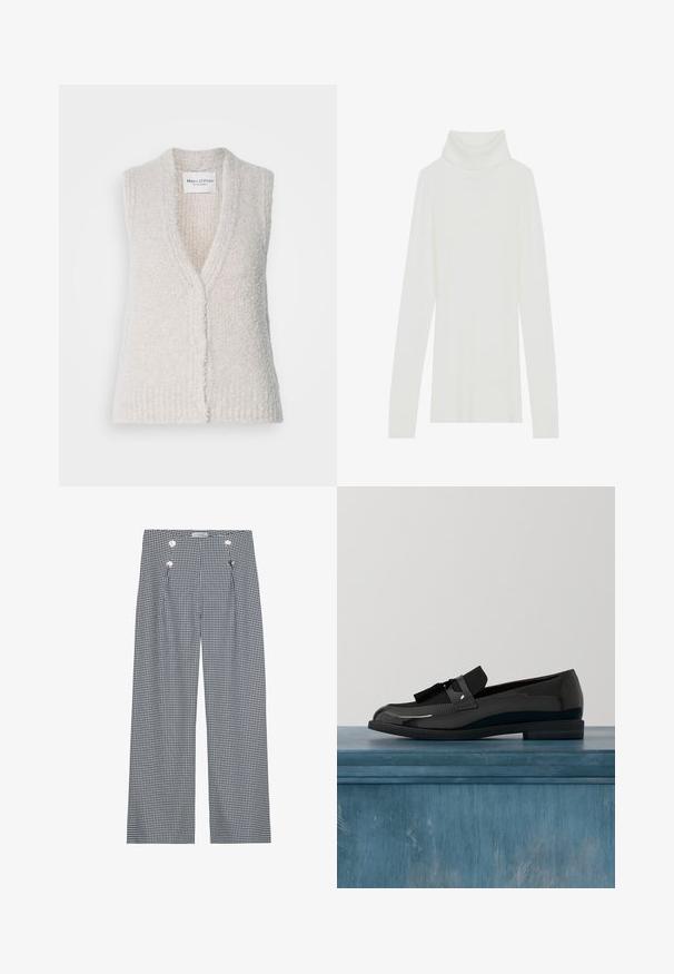 Lys beige ærmeløs strikvest med V-hals, struktureret finish og frontknaplukning. Stoffet ser blødt og hyggeligt ud. Brandlabel synlig.; Hvid ribbet turtle neck striktrøje med lange ærmer, blød tekstur og høj rullekrave, der har en tætsiddende design uden synlige lukninger.; Bred- og hvidt gingham-mønstret bukser med frontfold og guldfarvede knapdetaljer i taljen. Glat stoftekstur.; Sorte patenterede lædersko med flad hæl, med et frynsedetalje og glat overflade, designet med en rund tå og subtil søm.