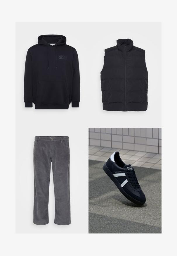 Gilet rembourré noir avec col haut, fermeture éclair frontale et poches latérales. Texture lisse avec un design matelassé pour l'isolation.; Hoodie noir en mélange de coton, avec une poche kangourou à l'avant, une capuche avec cordon de serrage et un design de logo subtil sur la poitrine.; Pantalons en velours côtelé gris à jambe droite, avec des poches avant et une texture striée subtile. Pas de logo ni d'accents visibles.; Sneaker en cuir noir avec des rayures blanches, semelle en caoutchouc texturée et devant à lacets. Présente une étiquette de marque sur la languette.