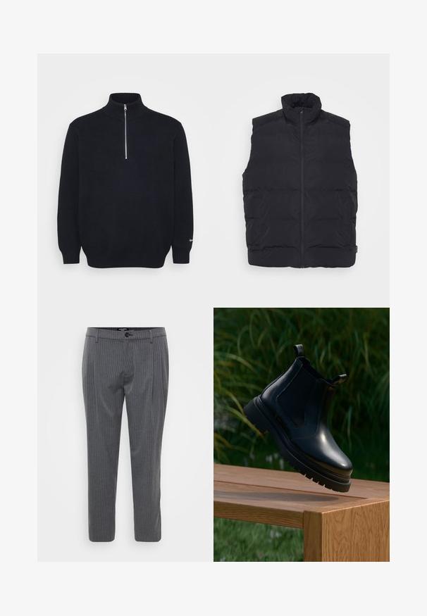 Sort puffervest med høj krave, frontlynlås og sidelommer. Glat tekstur med quiltet design for isolering.; Sort striktrøje med høj krave, halv lynlås, ribbede manchetter og en fin tekstur. Elastisk materiale med en glat overflade.; Grå stribede bukser lavet af vævet stof, med flad front, bæltestropper og en enkelt knaplukning. Skåret pasform og opkradede ben.; Sorte læder chelsea-støvler med rund tå, tyk gummisål og elastiske sidepaneler, præsenteret på en træoverflade med grønne planter i baggrunden.