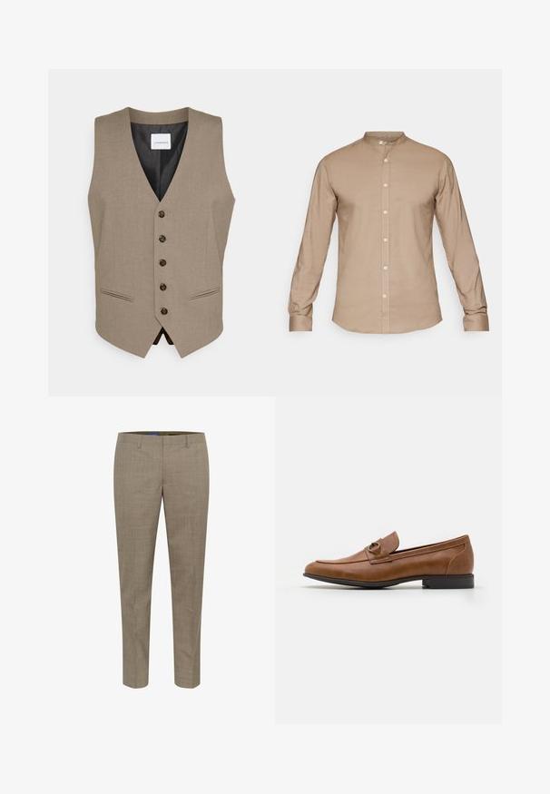 Beige stoffen vest met een V-hals, vijf knopen en twee zijzakken. Soepele textuur met een gevoerde binnenkant.; Beige overhemd met kraag en lange mouwen, knoopsluiting aan de voorkant en een gladde textuur. Heeft een subtiele glans, standaard manchet en geen patronen.; Beige op maat gemaakte broeken met een subtiel ruitpatroon, rechte pijpen, voorzakken en een gladde stofstructuur.; Bruine leren loafers met een platte hak, voorzien van een decoratieve metalen accent aan de voorkant, elegant ontwerp en een gladde textuur.