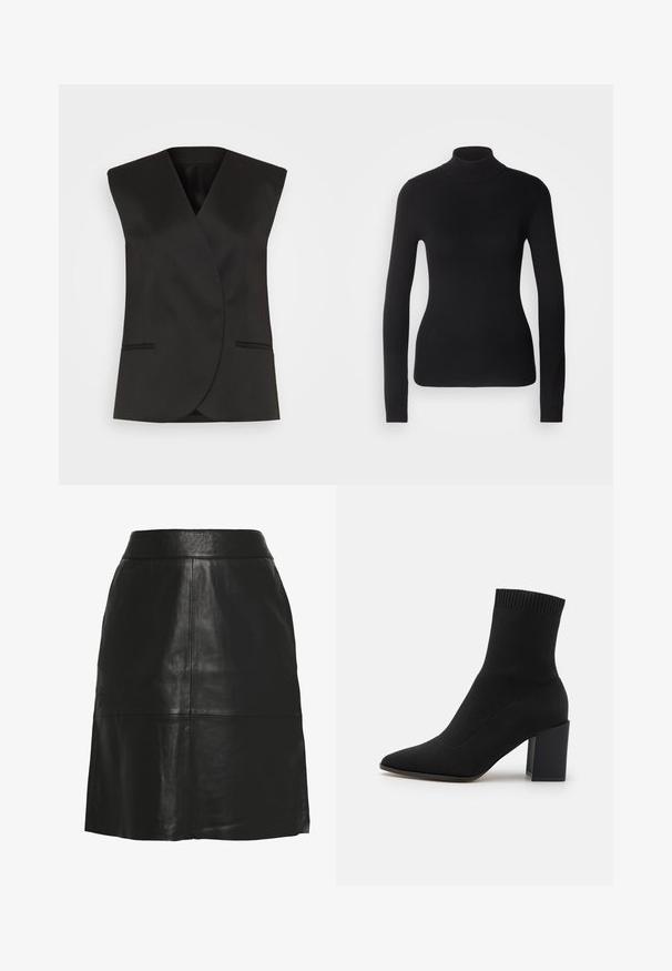 Sort ærmeløs blazer med en indpakningsdesign, der har to forlommer og en ren, glat tekstur. Skræddersyet silhuet.; Sort turtleneck sweater lavet af let strikket stof. Har lange ærmer, et tætsiddende design og en blød ribbet tekstur.; Sort nederdel i imiteret læder med A-form, høj talje og synlige sømdetaljer hen over fronten og nær nederste kant.; Sort ankelstøvle lavet af strækstof, med spids tå og firkantet blokhæl, og med ribbet kant øverst.