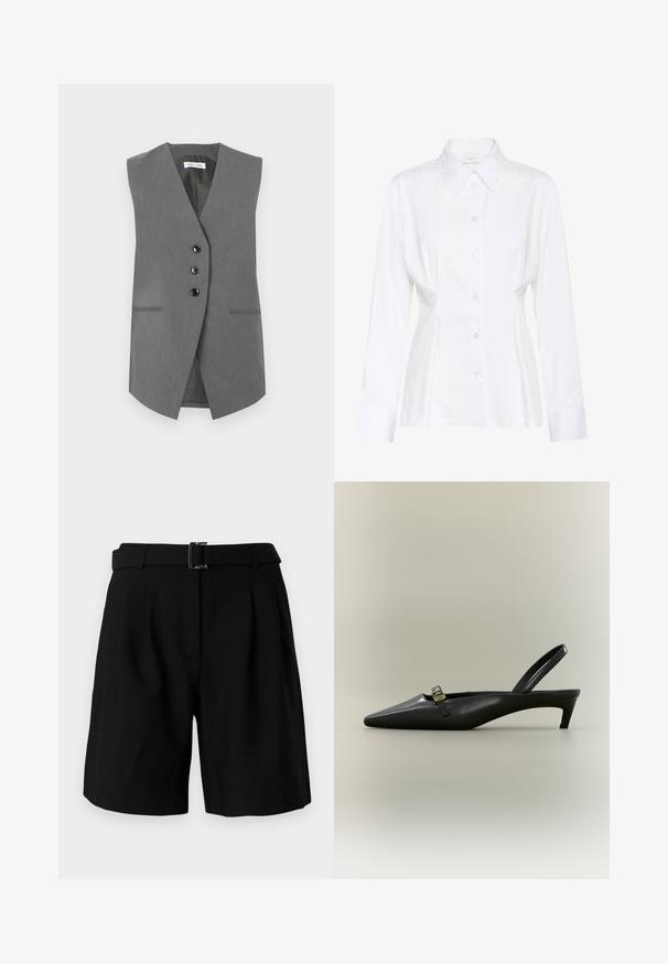 Veste grise sans manches en tissu texturé, avec un décolleté en V profond, trois boutons noirs et deux poches avant avec des coutures discrètes.; Blouse blanche à manches longues avec col pointu, taille cintrée et étiquette de marque visible "Gestuz" à l'intérieur du col.; Shorts noirs ajustés avec une texture lisse, dotés d'une large taille et d'un détail en boucle en métal. Design structuré et plissé à l'avant.; Escarpin slingback en cuir noir avec talon kitten, bout pointu et petite boucle dorée sur un fond uni.